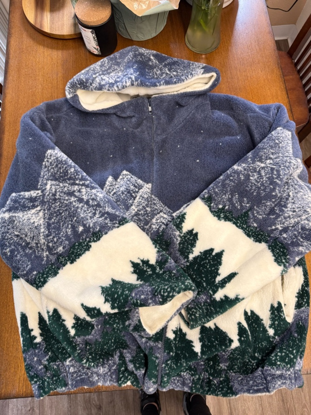 Vintage Country Woods Thick Fleece Hoodie Sweater Mountain Scene Zip Up Size XL